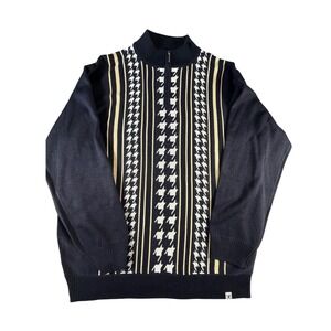 Vintage Stacy Adams Mens Quarter Zip Sweater Knit Houndstooth Stripe Navy XXL